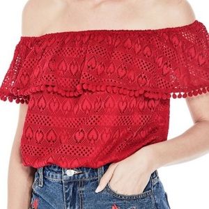 GUESS Lace Off The Shoulder Ruffle Pom Crop Top